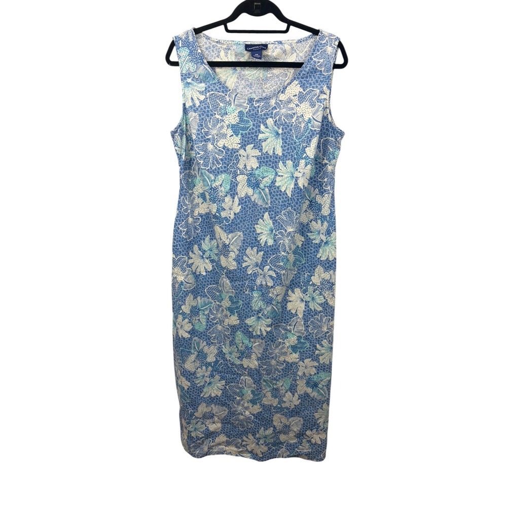 Charter Club Womans Linen Sleeveless Maxi Shift Dress 16W Blue Floral Vacation